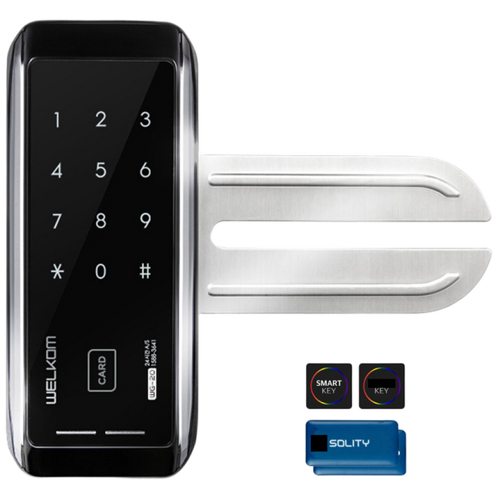 [수도권설치-내일도 가능] 솔리티 웰콤 WG-20 단문형 카드키4개+번호키 강화유리문전용 좌우수문인식(키패드자동전환) 상시문열림기능 차임벨 생활방수 상가 현관문 디지털도어락 도어록