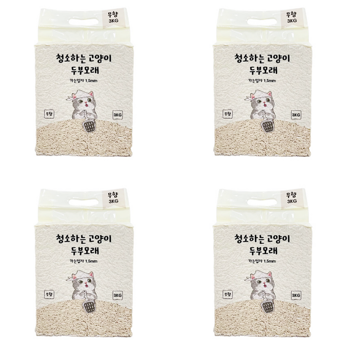 청소하는 고양이 두부모래 가는입자 1.5mm, 오리지널 무향, 4개, 3kg