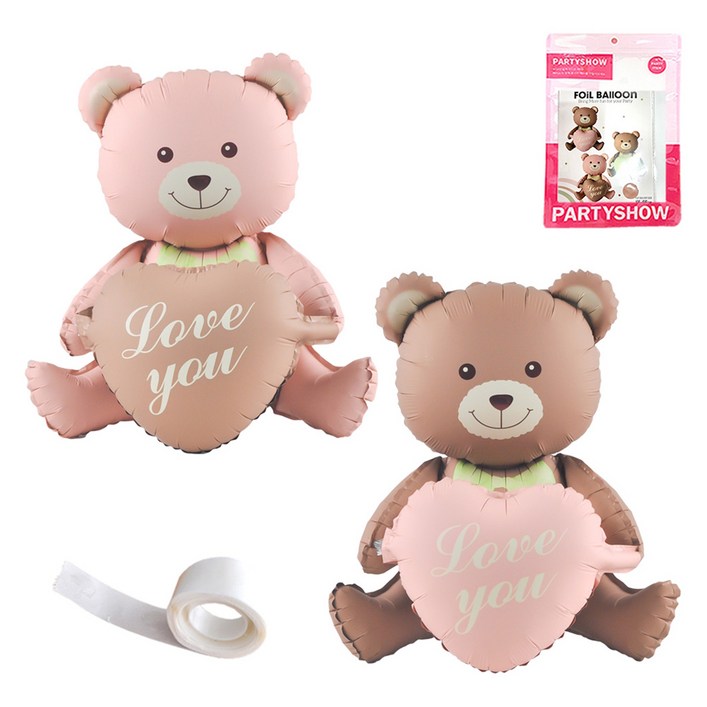 파티쇼 생일 프로포즈 곰돌이 은박 풍선 러브 하트 2p + 글루닷 접착 스티커 세트