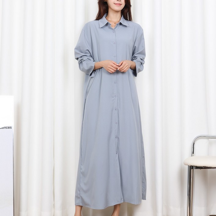 솔리드 캐주얼 카라 롱 원피스