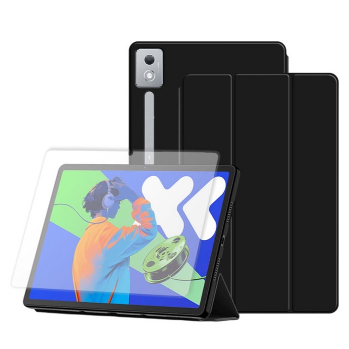 칸탐 가죽 커버 케이스 + 강화유리 세트, 블랙, 1세트