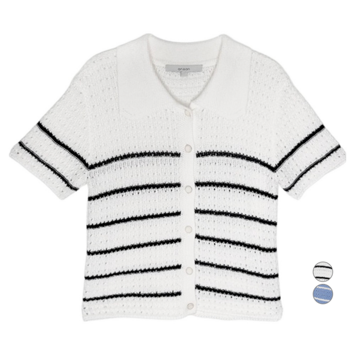 온앤온 여성용 크로쉐 스트라이프 셔츠넥 가디건