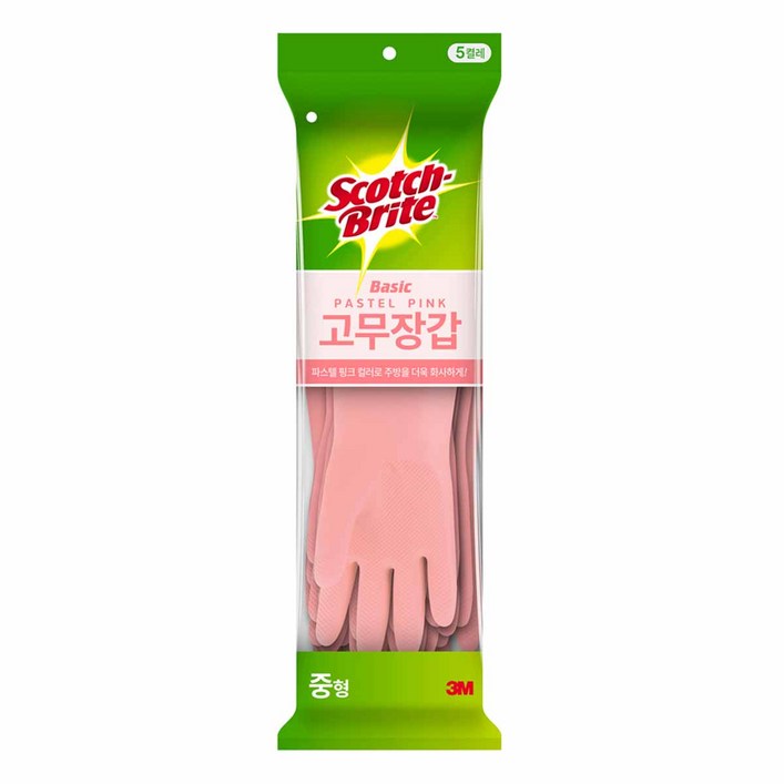 스카치브라이트 베이직 고무장갑 5개입, 파스텔핑크, 중(M), 1세트