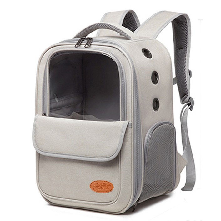 스페이스캣 반려동물 투명창 심플 백팩형 이동가방, 베이지, 1개