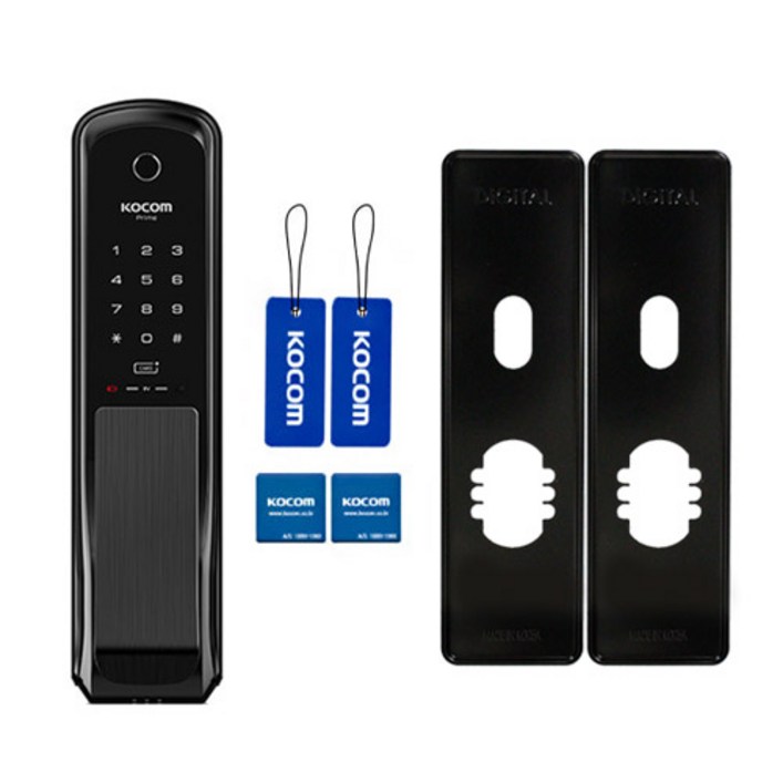 코콤 무타공 스마트 지문인식 도어락 모던블랙  하이브리드 푸쉬풀 보강판 블랙 세트 KDLNP760