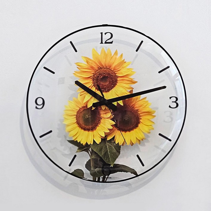 핫클락 컨벡스 유리 투명 무소음 벽 시계 UV아트 오브젝트 40cm, 행복가득해바라기