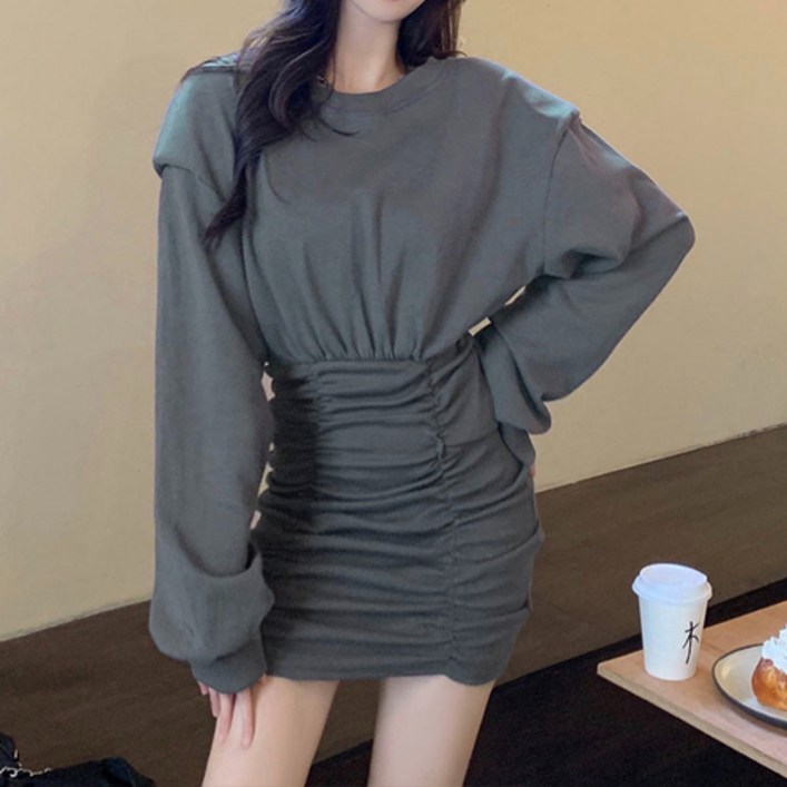 구디프 여성용 볼륨숄더 셔링 미니 원피스