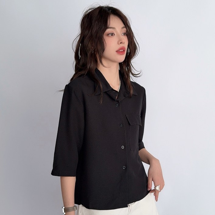 더시럽 여성용 베이직 원 포켓 7부 셔츠