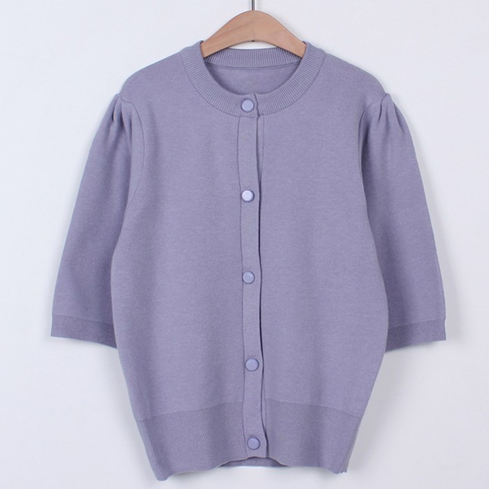 빼빼 여성용 라운드넥 무지 5부 퍼프소매 니트 가디건