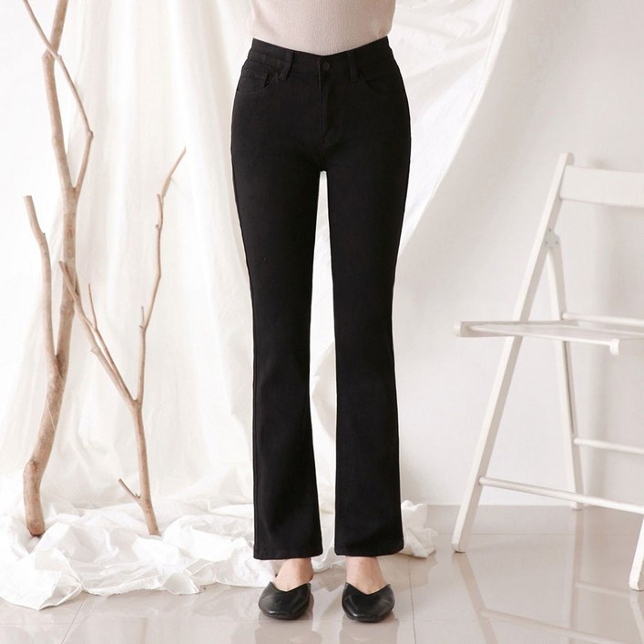 라라온 여성용 롱기본숏 기장 세미부츠 데님 슬림핏 밴딩 블랙팬츠 TSP3131