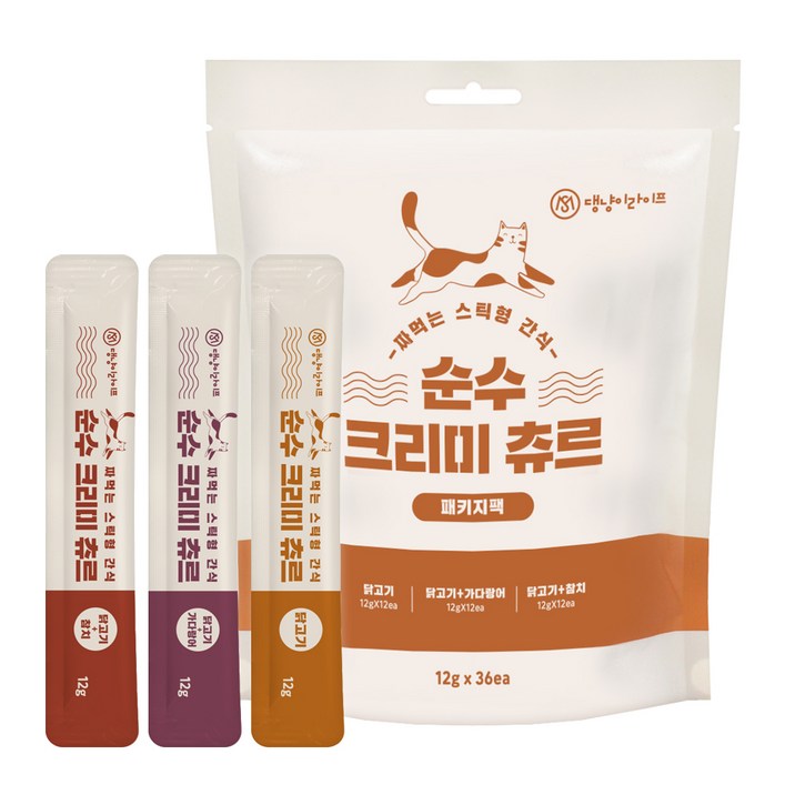 댕냥이라이프 고양이 순수 크리미 짜먹는 간식 3종 x 12p 세트, 닭고기, 닭고기+가다랑어, 닭고기+참치 혼합맛, 1세트