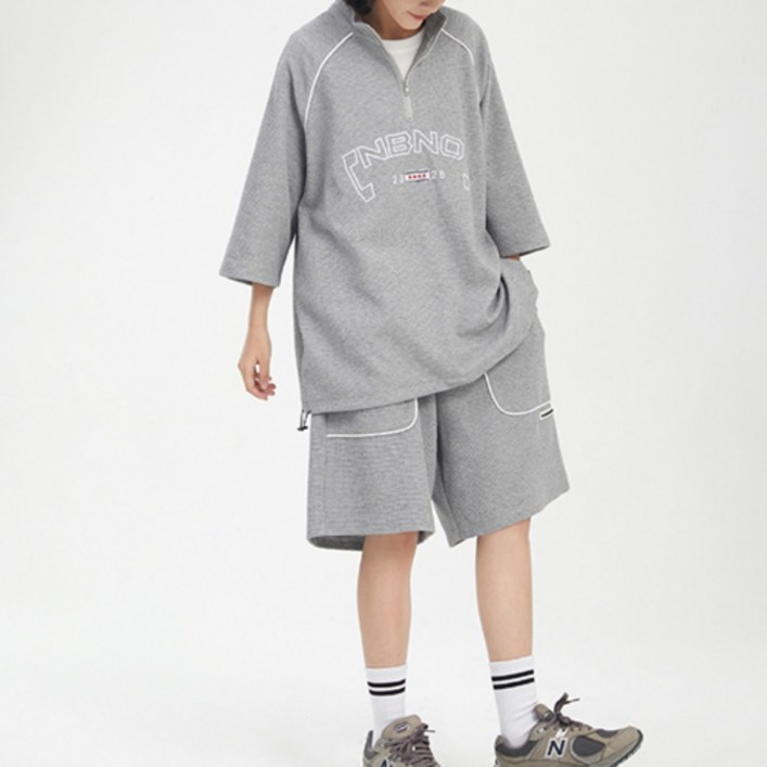 남성용 패션플로우 반집업 빅로고 오버핏 반팔티 반바지 세트