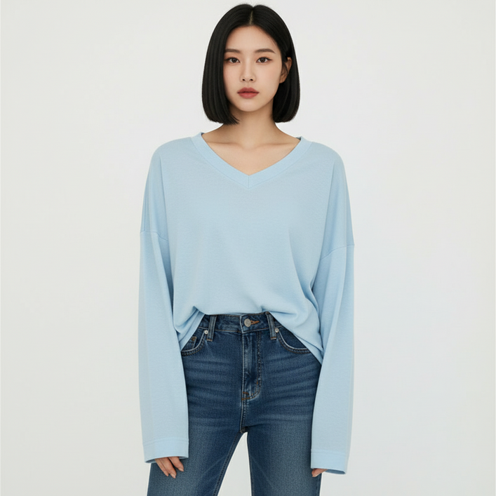 마켓피아 여성용 브이넥 루즈핏 긴팔 맨투맨