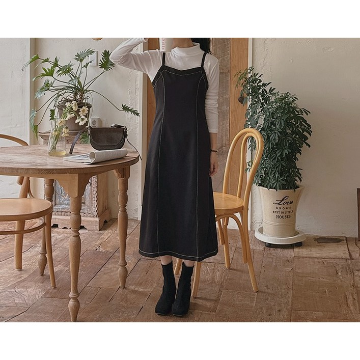 리리앤코 멜로듀이 피치기모 스티치 뷔스티에 롱 원피스 끈조절