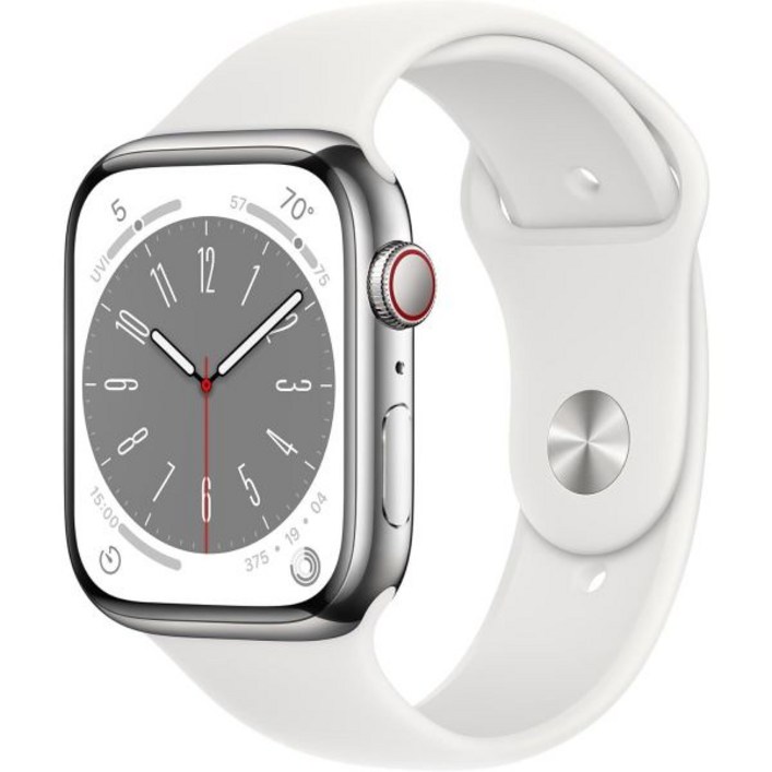 Apple Watch 시리즈 8(GPS + 셀룰러, 41mm) - 흰색 스포츠 밴드 M/L이 포함된 실버 스테인리스 스틸 케이스(아마존 공식 리퍼비시)