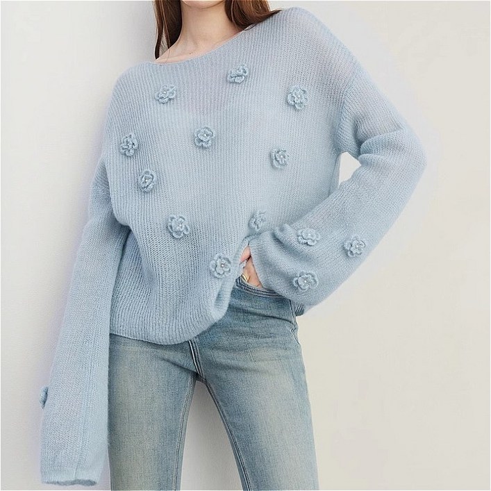 SAHINER 봄 여성 데일리 세미루즈핏 라운드넥 플라워 니트 스웨터 LJ1356