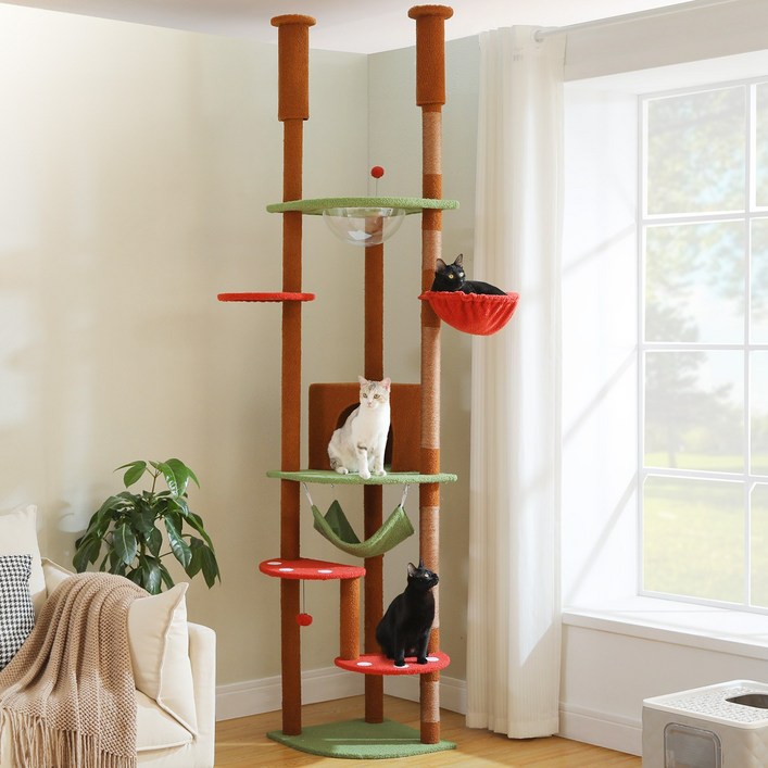 PAWZ Road 6단 대형 플러시 패브릭 캣폴,천장 고정형 트윈 기둥 높이 조절 캣타워 236CM258CM,스크래쳐 기둥숨숨집해먹