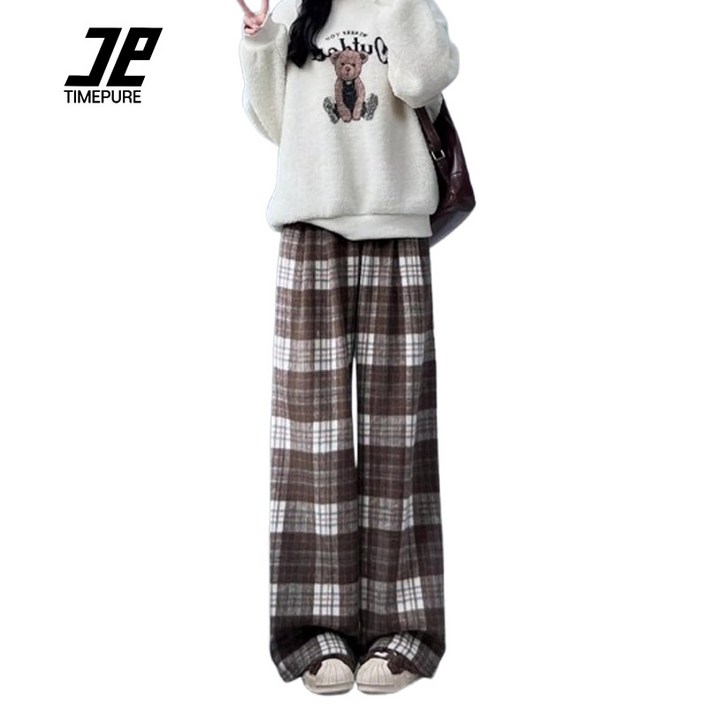 TIMEPURE 가을겨울 체크무늬 와이드팬츠 클래식 체크 바지