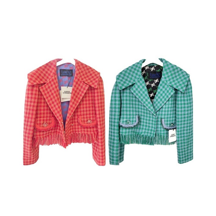 코오롱 럭키슈에뜨 여성 홀리데이 에디션 체크 크롭 자켓 그린 유니크 트위드 셋업