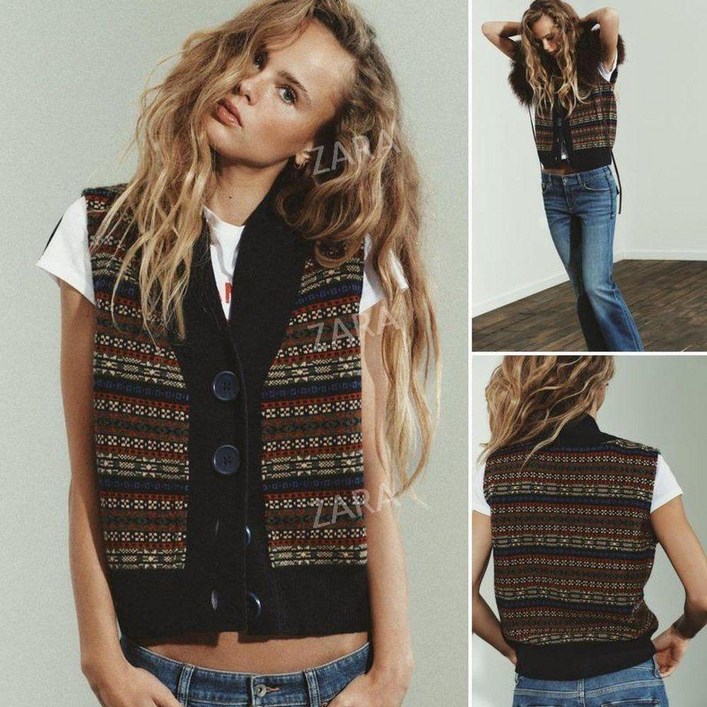 자라세일 2025 레트로 콘트라스트 자카드 니트 조끼