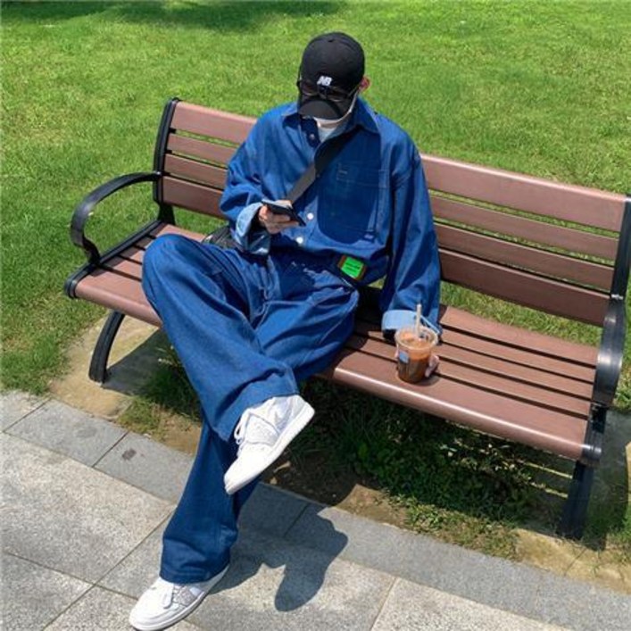 COUYOR 남성 데님 점프슈트 패션 루즈핏 상하의 세트 작업복