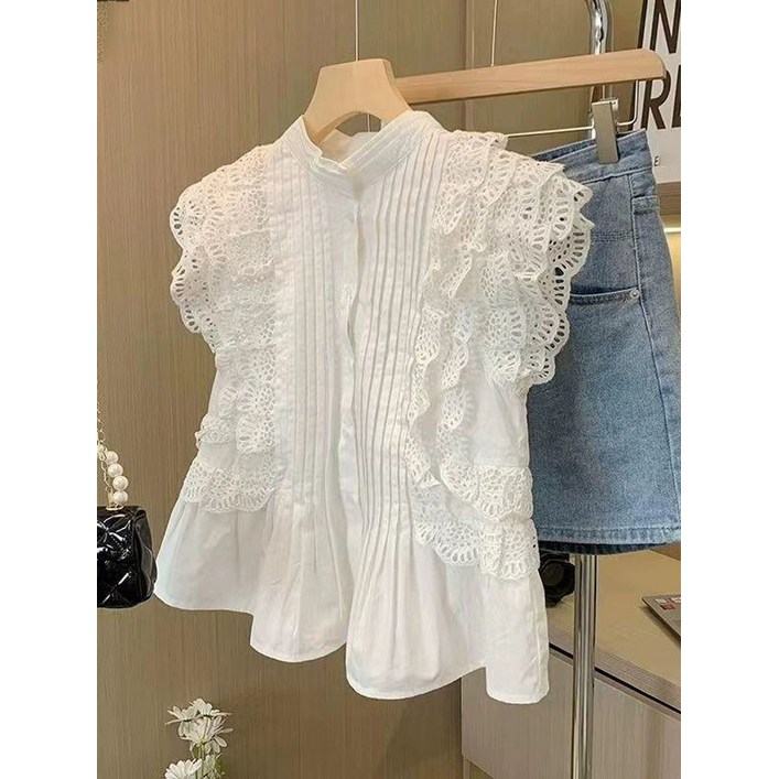 블라우스 프릴 반팔 여성 여름 퍼프 레이스 셔츠 리본 브이넥 크롭 면 떠유니 반팔티 블랙