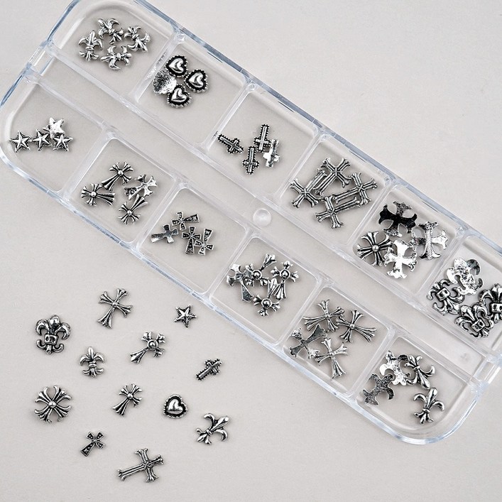 네일스토어 크롬 엔틱 네일파츠 12세트1 메탈 십자가 별 하트