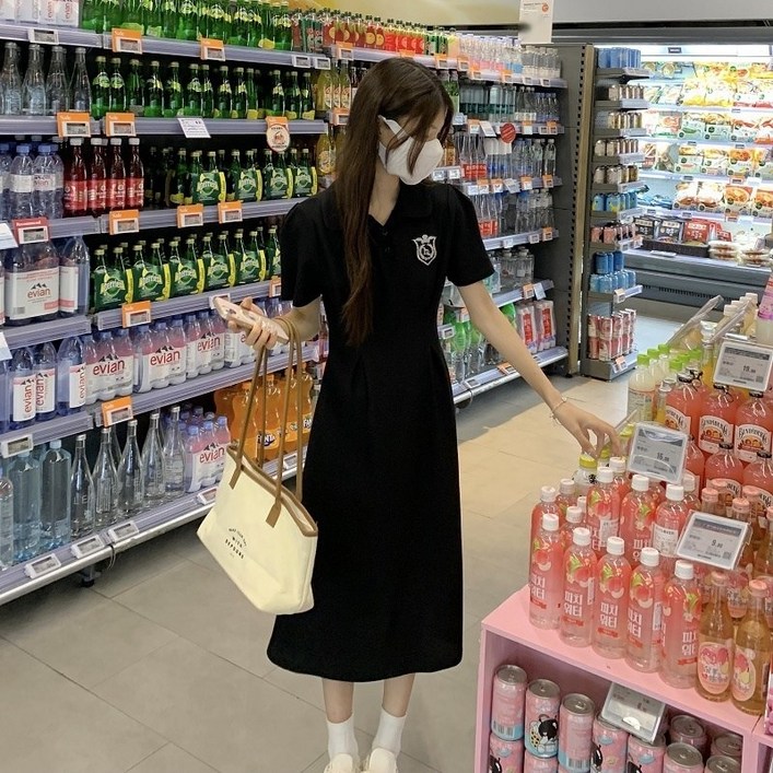 POMTOR 칼라 칼라 여성 봄여름 신상 하프 기장 날씬해 보이며 원피스 A라인 반팔 원피스 여성 원피스
