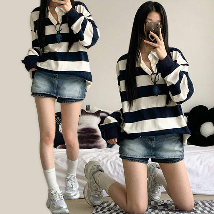 남녀공용4col 카디 오버핏 단가라 스트라이프 카라 긴팔 럭비 티셔츠