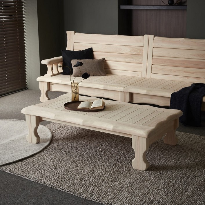 바르숲 킹덤 편백나무 통원목 좌탁 소파 테이블 거실테이블 거실탁자, 베이지 거실테이블