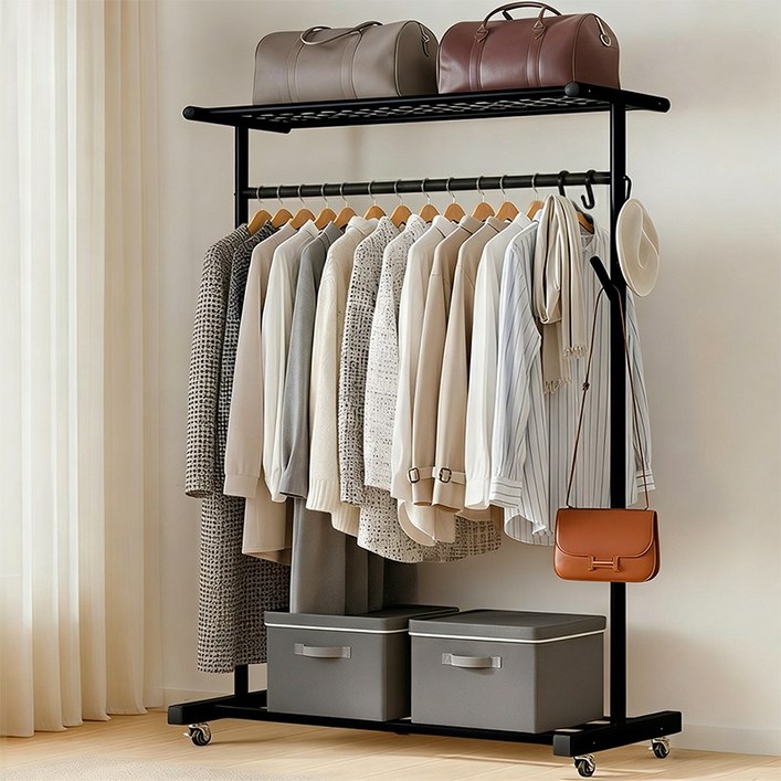FODOSS 옷걸이 행거 상단 수납 선반 튼튼한 메탈 스탠드 행거 이동식 바퀴형 옷정리, 검은색