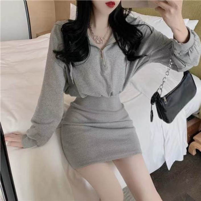 여성 후드 캐쥬얼 데일리 슬림 바캉스 휴양룩 스웨트셔츠 원피스