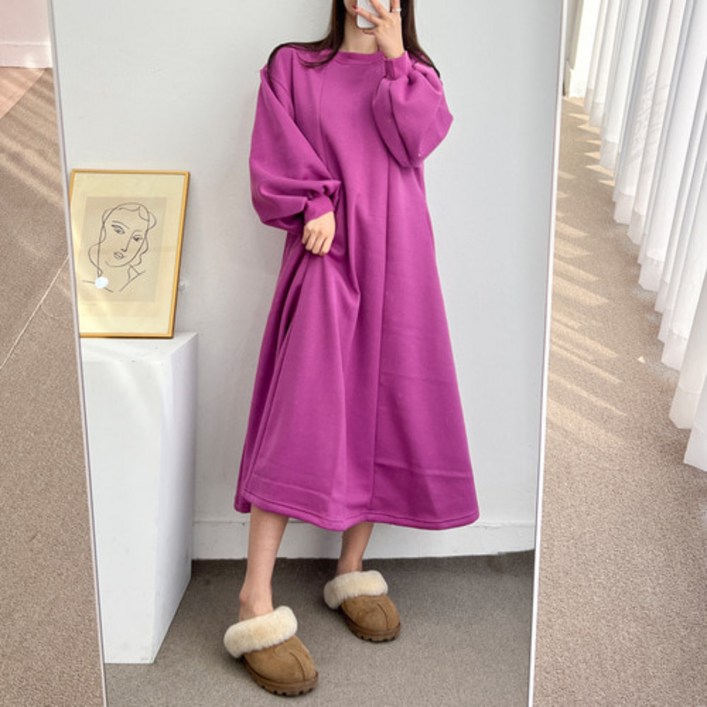 무배 기모 절개 벌룬 A라인 오버핏 롱 원피스 3color