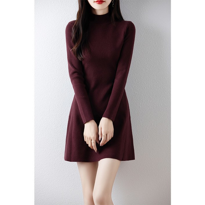 해피유통 여성용 봄가을 긴팔 심플 반목 니트원피스 미니원피스 why wcy