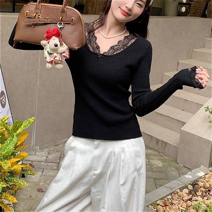 SAHINER 여성 데일리 소프트 골지 레이스 트리밍 리본 레이어드 니트 긴팔티셔츠 LJAZZS33