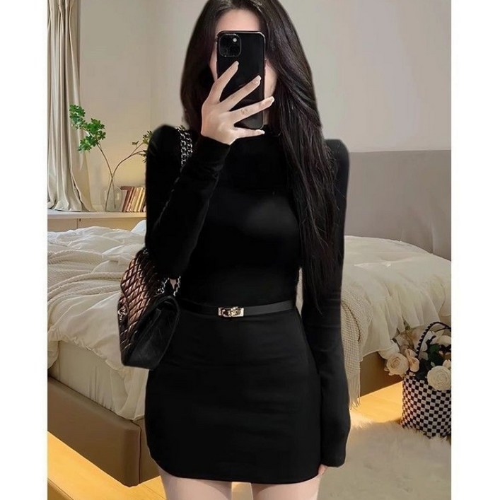 유니픽 여성 가을겨울 단색 긴팔 허리조임 미니 원피스 패션 심플 디자인zdy