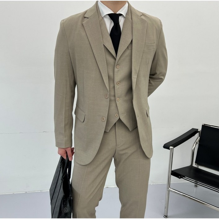 남자 쓰리피스 정장세트 수트 스판 봄 가을 결혼식 챠콜 베이지 네이비 양복 조끼 3Color (S-2XL)