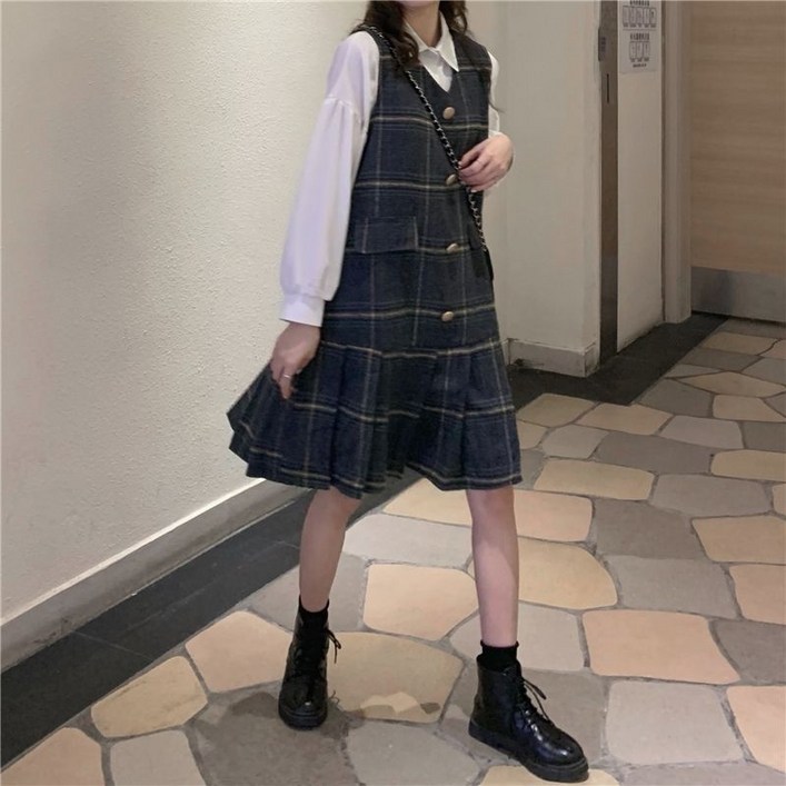 여성 모직 원피스 민소매 디자인 체크 버튼 장식 V넥 봄 가을 드레스 캐주얼 원피스 JS