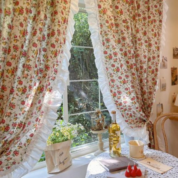 꽃무늬  레이스 커튼 프렌치 시골 스타일 프린트 장미 침실 미국 프릴 엣지