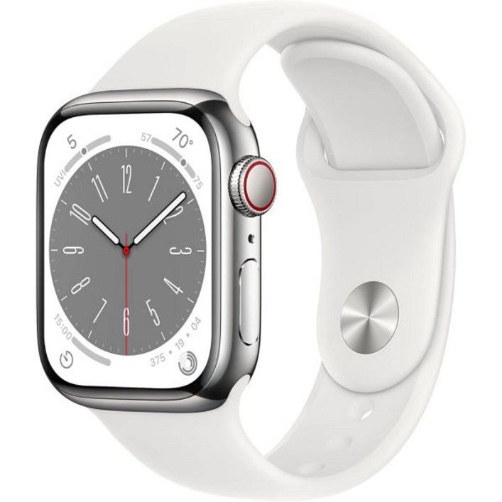Apple Watch 시리즈 8GPS  셀룰러, 41mm  흰색 스포츠 밴드 ML이 포함된 실버 스테인리스 스틸 케이스갱신