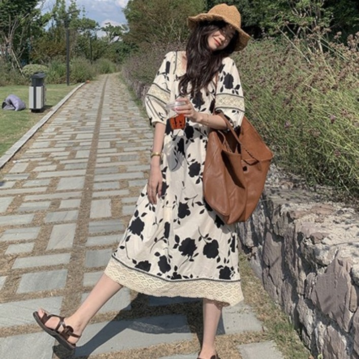 바이미니 스퀘어넥 플로랄 에스닉 롱 원피스