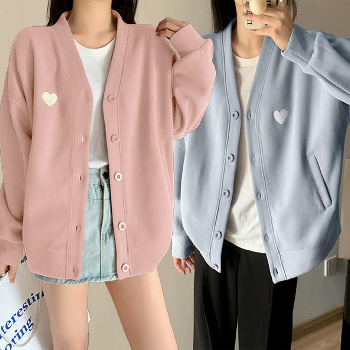 AOUGK 여자 브이넥 하트 가디건 루즈핏 재킷 캐주얼 야구 점퍼 숏 코트 아우터 베이직