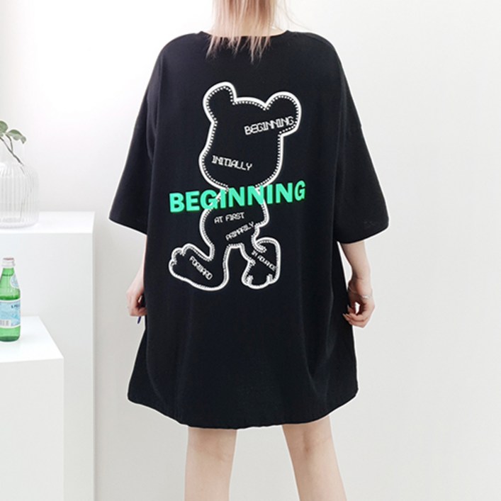 퀸비샵 비기닝 곰돌 롱티 빅사이즈반팔빅박스기본티셔츠오버핏롱티블루화이트블랙