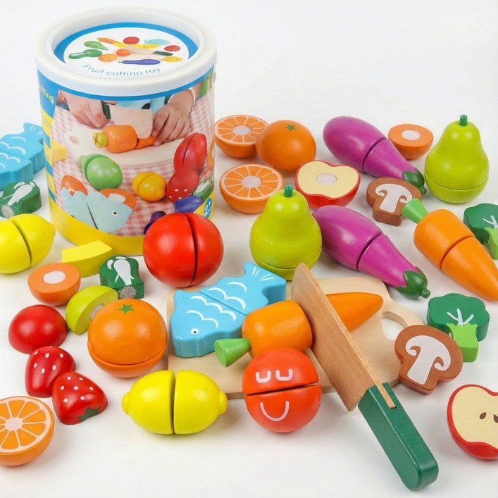 상덕 소꿉놀이 싹둑 과일 야채 자르기 유아 주방놀이 역할놀이원목 장난감, 12개, 믹스 컬러
