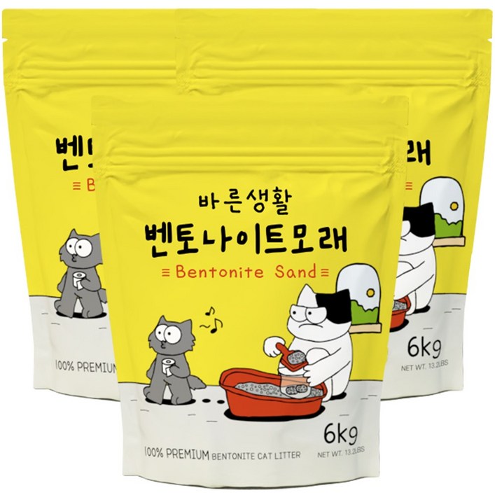 바른생활 먼지없는 벤토나이트 고양이모래, 무향10L, 3개, 6kg