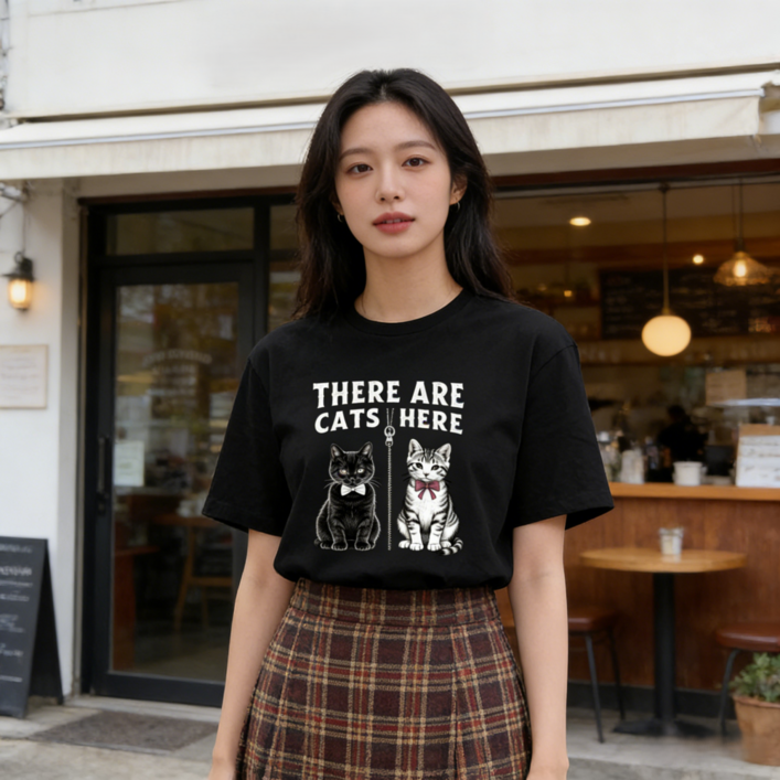 퓨어몰링 여성 순면 라운드넥 반팔티 냥냥이 오버핏 반팔 티셔츠