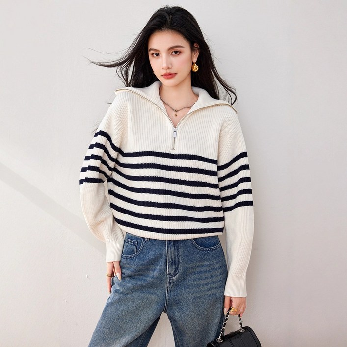 BLACK K7 프렌치 레트로 카라 여성용 배색 풀오버 반집업 스트라이프 니트