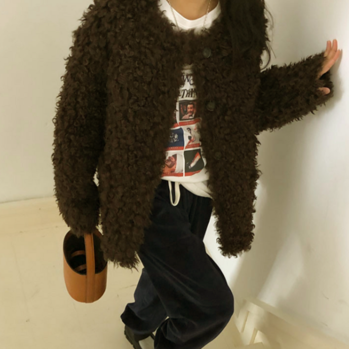 서진맘 여성 빈티지 루즈핏 부드러운 뽀글이 인조퍼 솜 코트 자켓