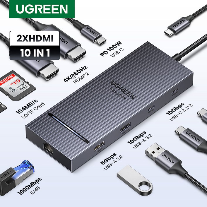 UGREEN 유그린 Revodok Pro 10 in 1 도킹 스테이션 듀얼 HDMI 2.0 4K@60Hz 디스플레이 10Gbps PD100W USB C 멀티허브, 1개, Grey, CM886