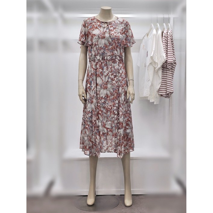 프렐린 라운드넥 나염 쉬폰 반팔 롱 원피스 RJO242150